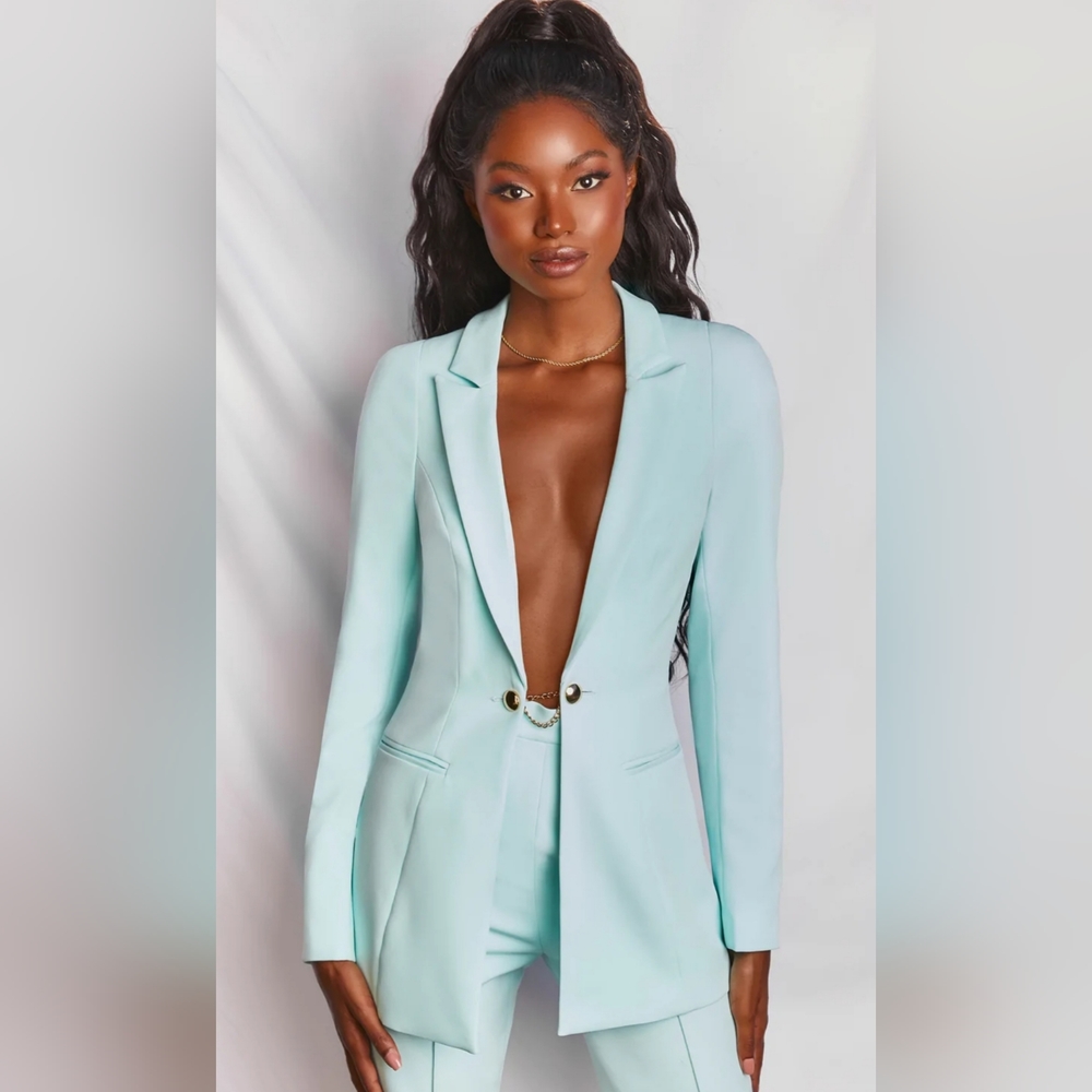 Oh Polly City Slicker Longline Blazer Baby Blue Turquoise